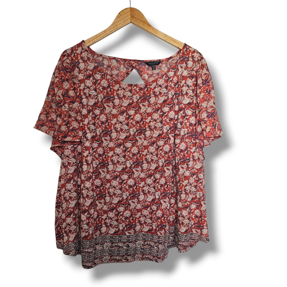 Lucky Brand Peasant Top 3X Womens Red Floral Keyhole Back‎ Flutter Sleeve Boho